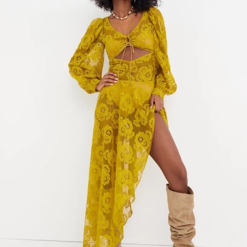 For Love & Lemons Yellow Lace Midi Dress